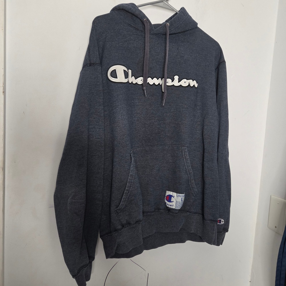 Champion Authentic Mens Navy Blue Heathered Script Logo Hoodie Sweatshirt Large